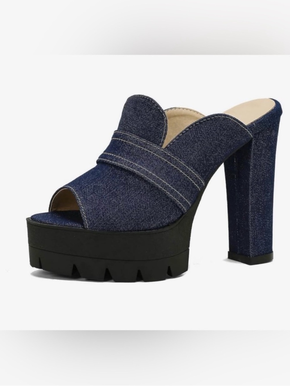 Denim Platform Mule Heels - Navy